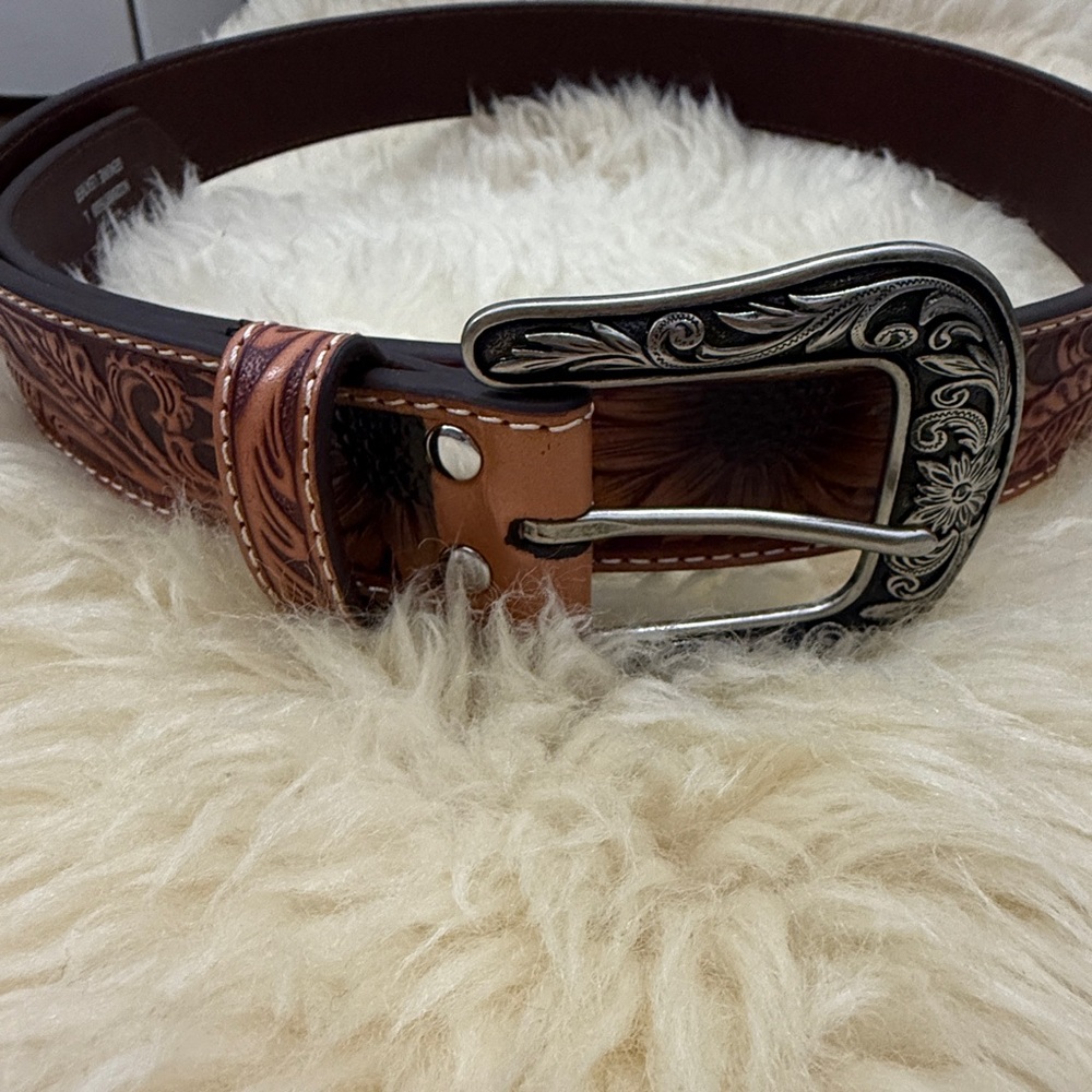 NWOT Nocona Tooled Leather Belt with Ornate Silver Buckle